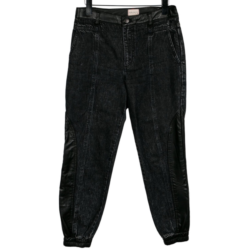 Alice + Olivia Black Denim Jean w/ leather detail